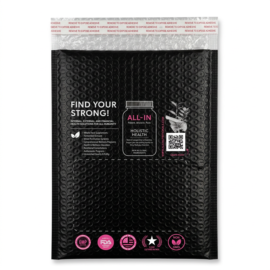 Back of the All-In Nutritionals black bubble mailer with pink brand details and an open adhesive flap